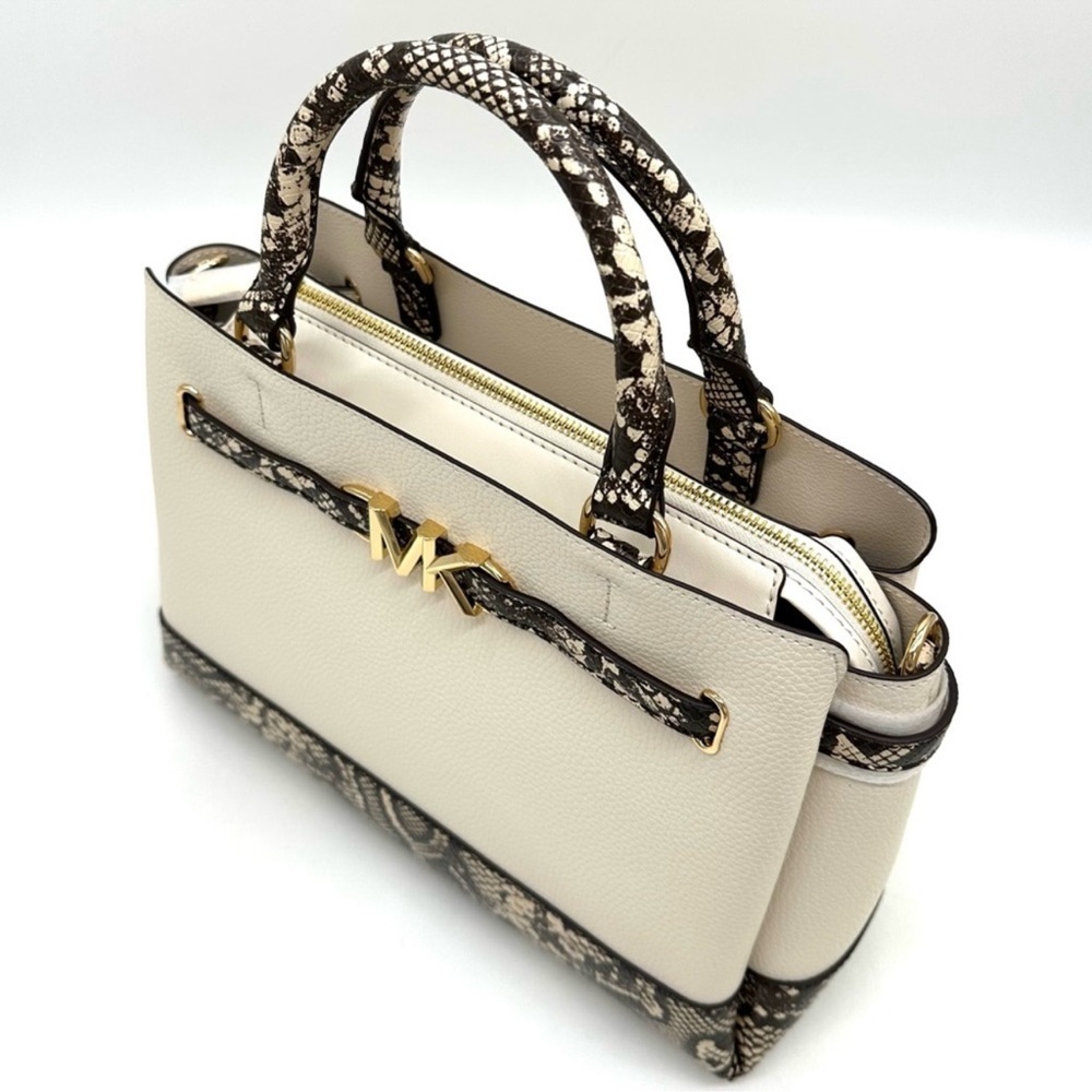 Michael Kors Large Reed Leather Belted Satchel Crossbody Bag Cream Snakeskin - Picture 6 of 12